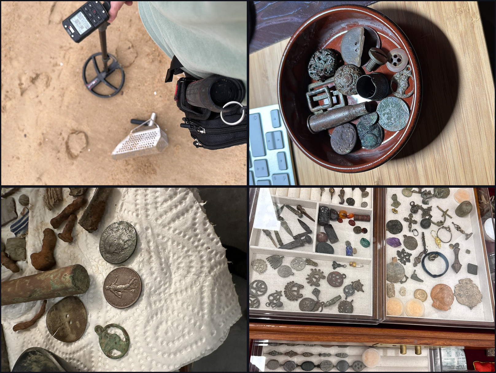 Four photos showing the collecting journey: metal detector on beach with sand scoop, bowl of found coins and relics, fresh finds laid out on paper towel, and organized display cabinet with Roman fibulae, rings, and coins